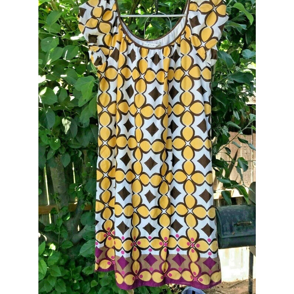 Max Studio Womens Shift Dress XS Yellow White Geometric Short Sleeve Retro 70s